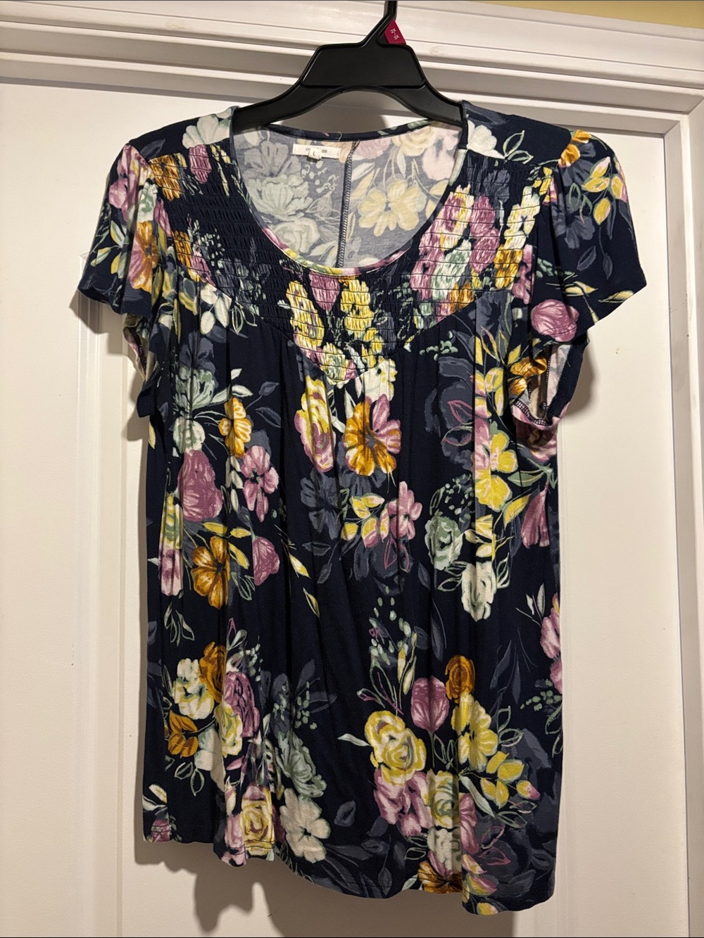 Maurices Navy Floral Smocked Yoke Short Sleeve Top